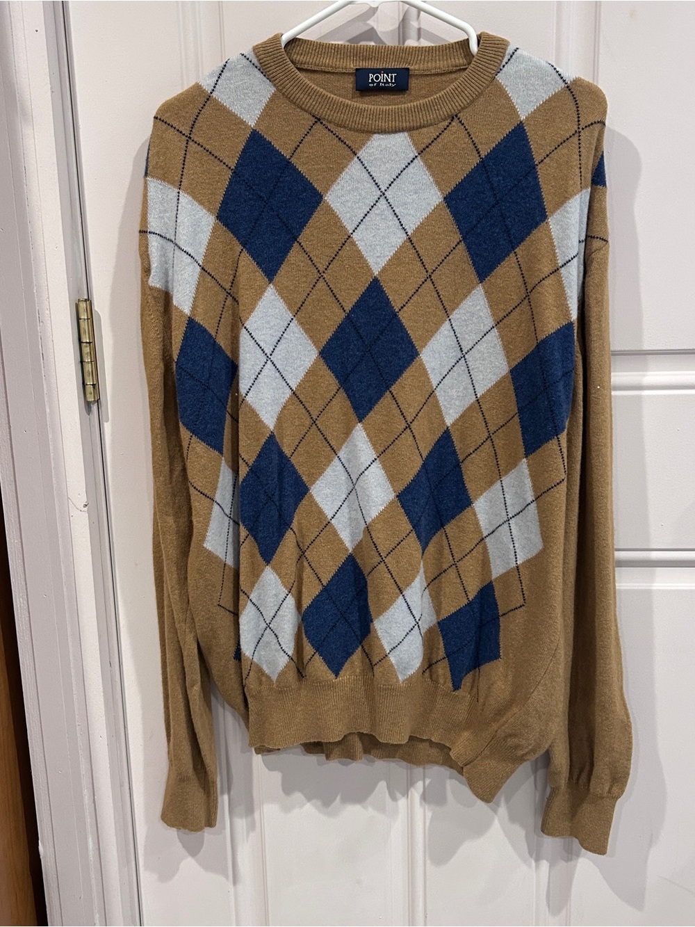 Argyle Crewneck Sweater in Camel, Blue & Light Gray